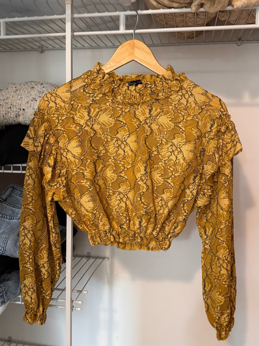 Zara Mustard Floral Lace-Effect Ruffle-Neck Long Sleeve Top